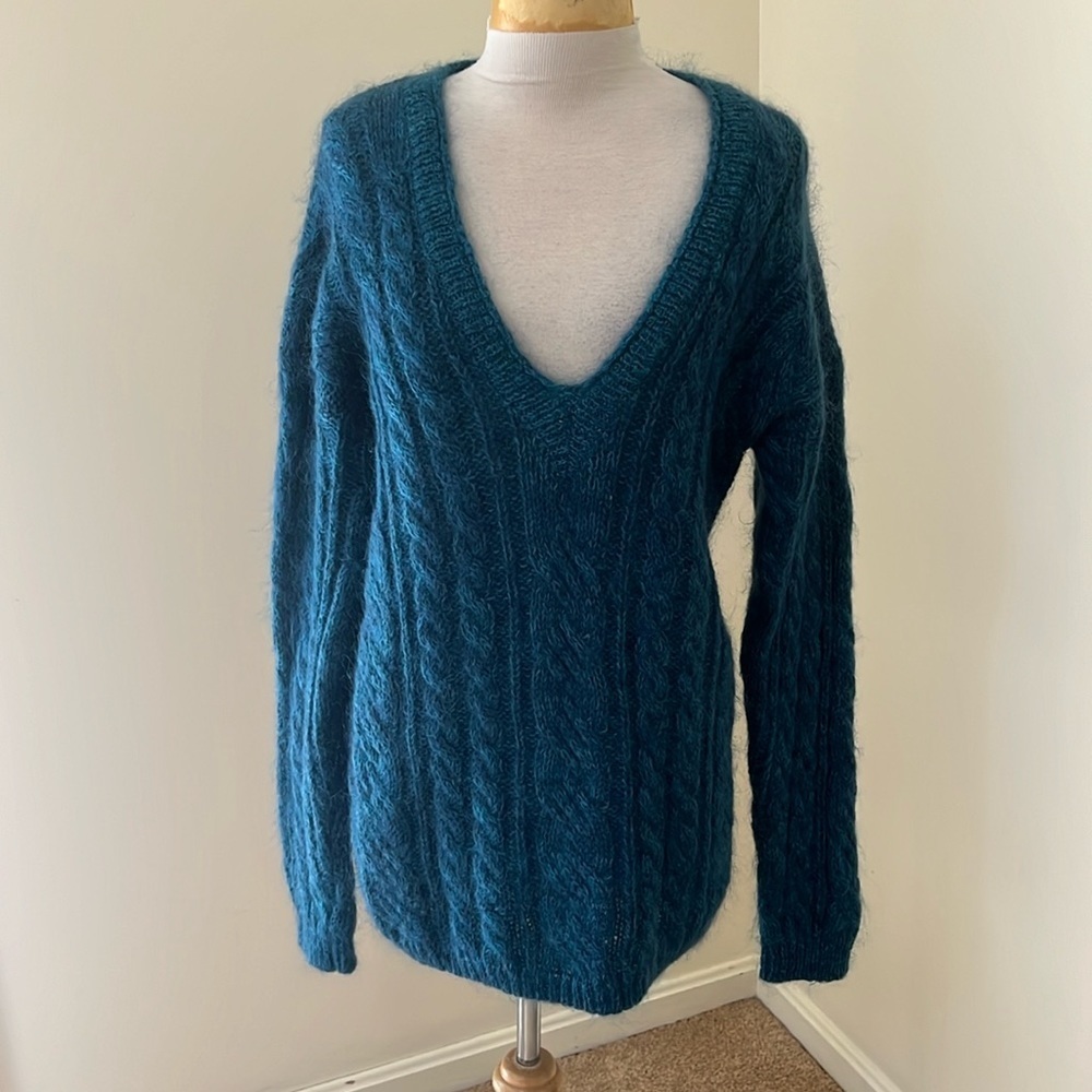 Northern Isles medium cadet blue mohair cable knit sweater.